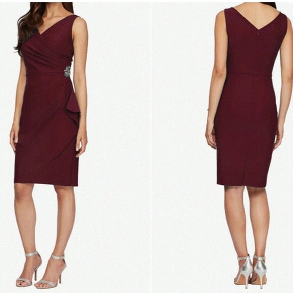 Alex Evenings Women's Sz 8 Slimming Long Side Ruched Dress Wine NWT - Picture 2 of 6